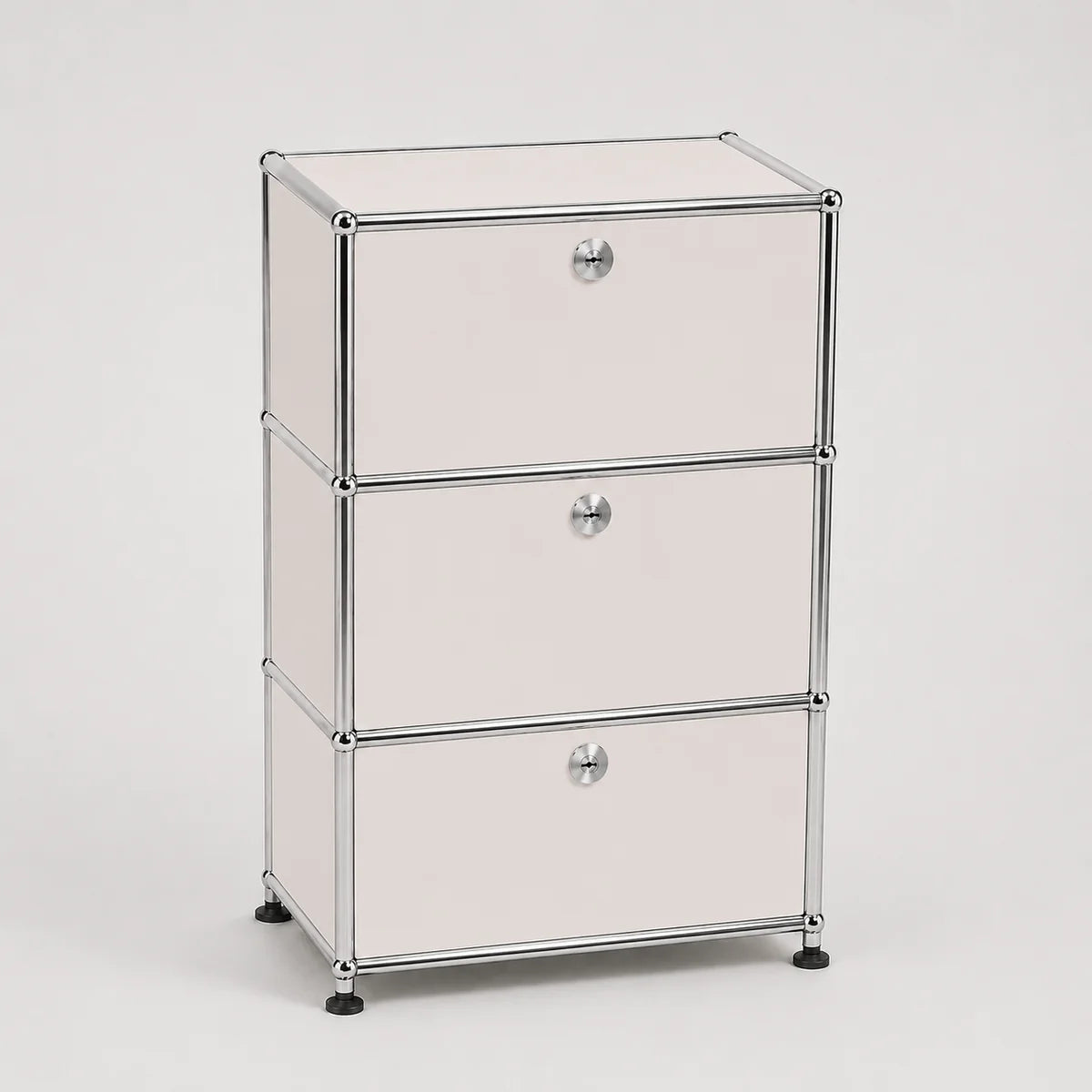 Three-drawer storage cabinet with white metal doors and a chrome metal frame, shown on a light gray background.