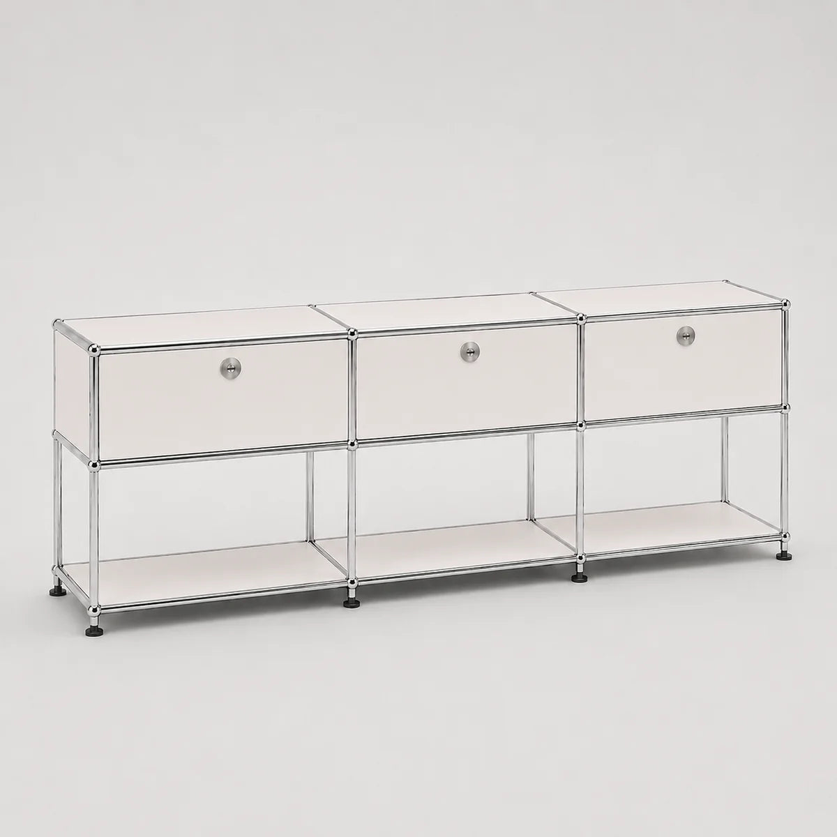 A modern modular storage cabinet with three drawers and two open shelves, featuring a chrome wire frame and frosted off-white panels, set against a plain light gray background.