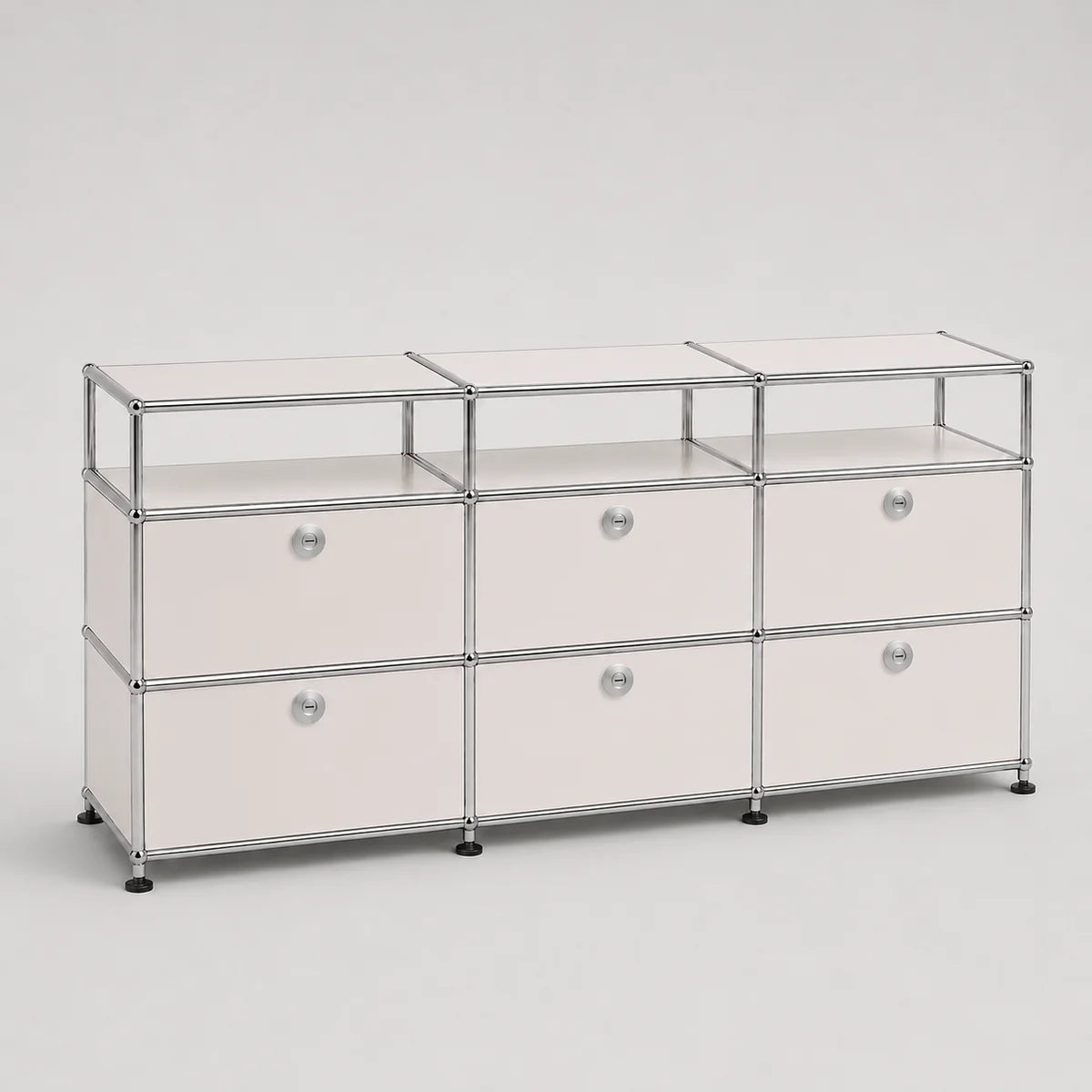 A modular storage cabinet with nine drawers in a white color, arranged in a 3x2 grid with a chrome metal frame and metal top shelves, on a light gray background.