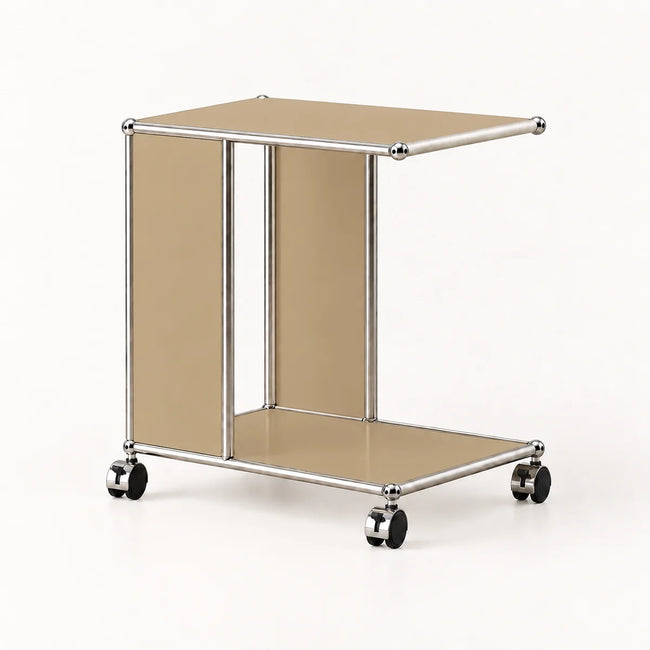 A modern two-tier mobile utility cart with a polished chrome frame, beige panels, and black caster wheels, shown on a clean white background.