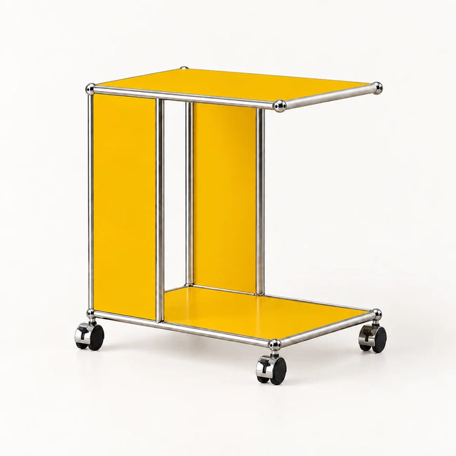 A modern rolling utility cart with a chrome tubular steel frame and bright yellow metal panels, shown on a clean white background.