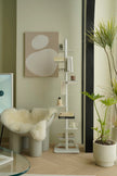 Modern interior with a white chair, white storage shelf or bookshelf, and potted plant.