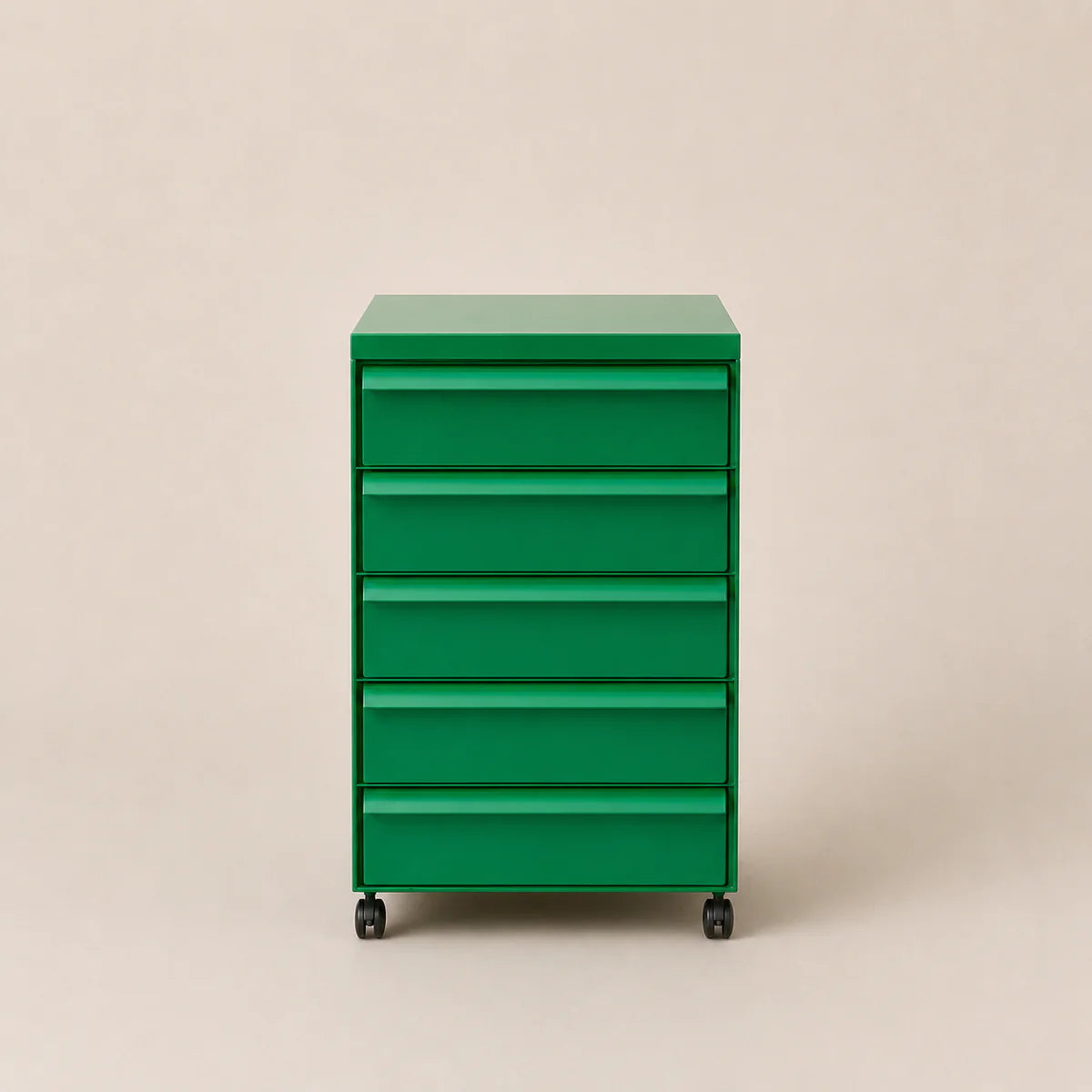 Green abs plastic drawer unit on wheels against a beige background