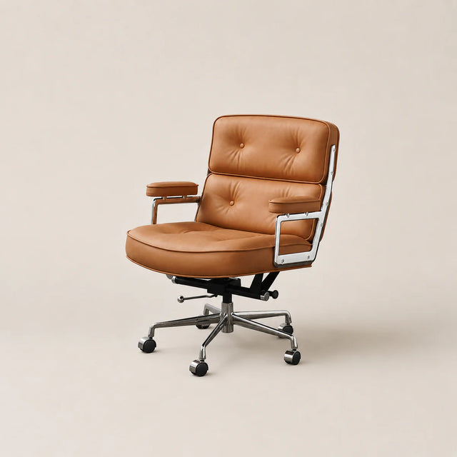 Brown leather office chair on a beige background
