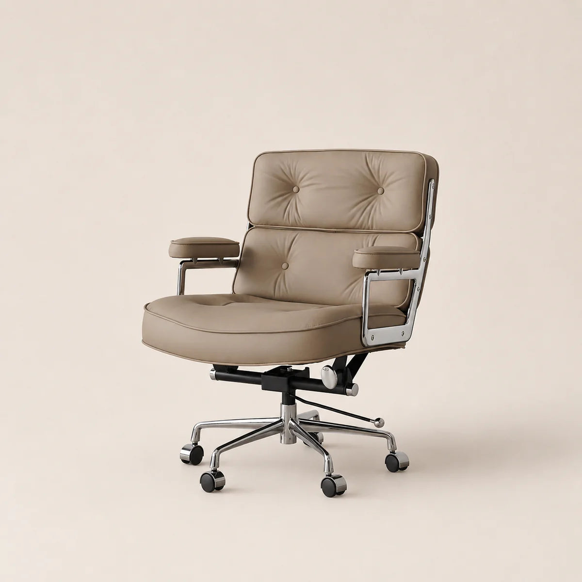 Beige office chair with chrome base on a beige background