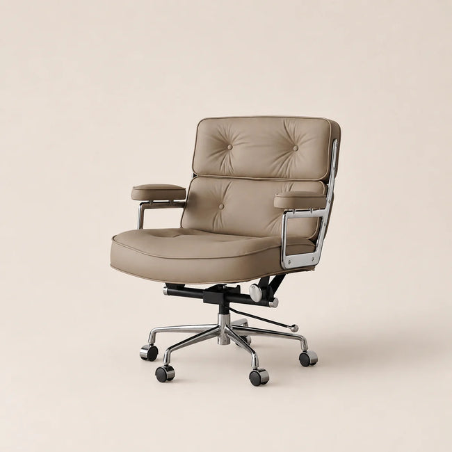 Beige office chair with chrome base on a beige background