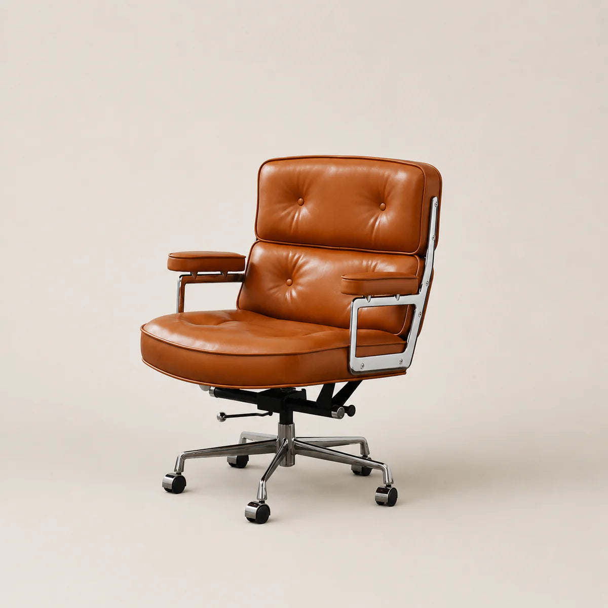 Brown leather office chair with metal frame on a beige background
