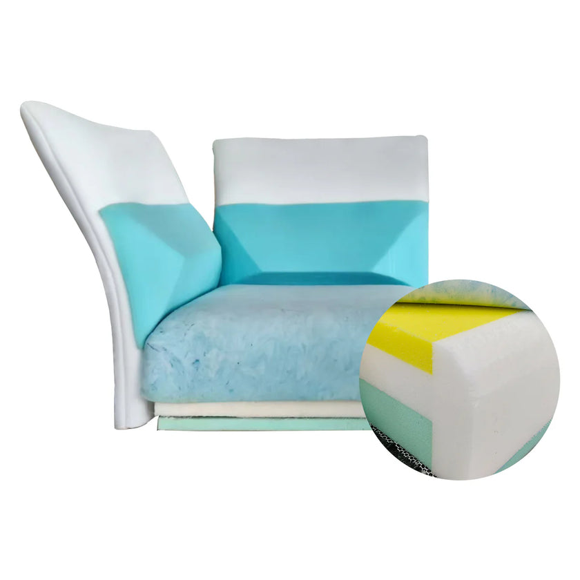 Modern chair with geometric design and a close-up of a cushion with color-block pattern on a white background.