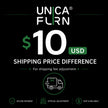 A promotional graphic on a black background for UNCAFURN, showing a $10 USD shipping price difference offer with white and green text, a shipping icon, and feature badges for secure payment, official adjustment, and fast & reliable service.