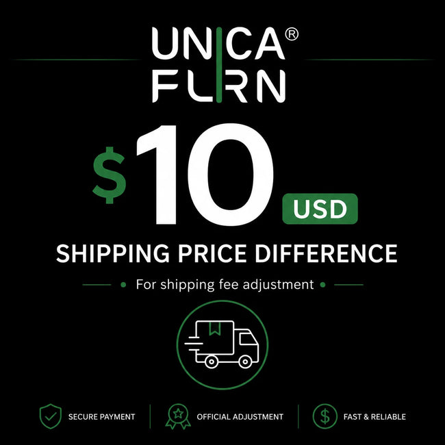 A promotional graphic on a black background for UNCAFURN, showing a $10 USD shipping price difference offer with white and green text, a shipping icon, and feature badges for secure payment, official adjustment, and fast & reliable service.