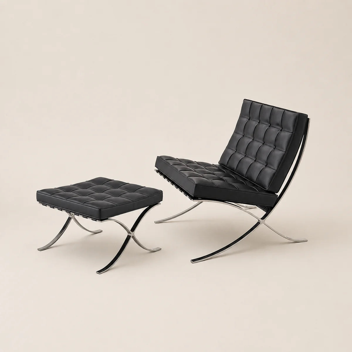 Black leather chair and ottoman on a beige background