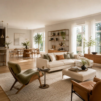 A bright, modern living room with a cream sectional sofa, olive green accent chairs, a large beige rug, and a wooden shelving unit in the background.