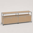 A modular two-bay storage cabinet system with beige fabric doors and clear glass shelves, supported by a chrome metal frame with black feet, shown on a light gray background.