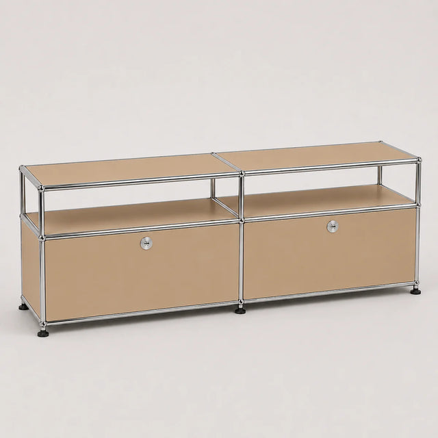 A modular two-bay storage cabinet system with beige fabric doors and clear glass shelves, supported by a chrome metal frame with black feet, shown on a light gray background.
