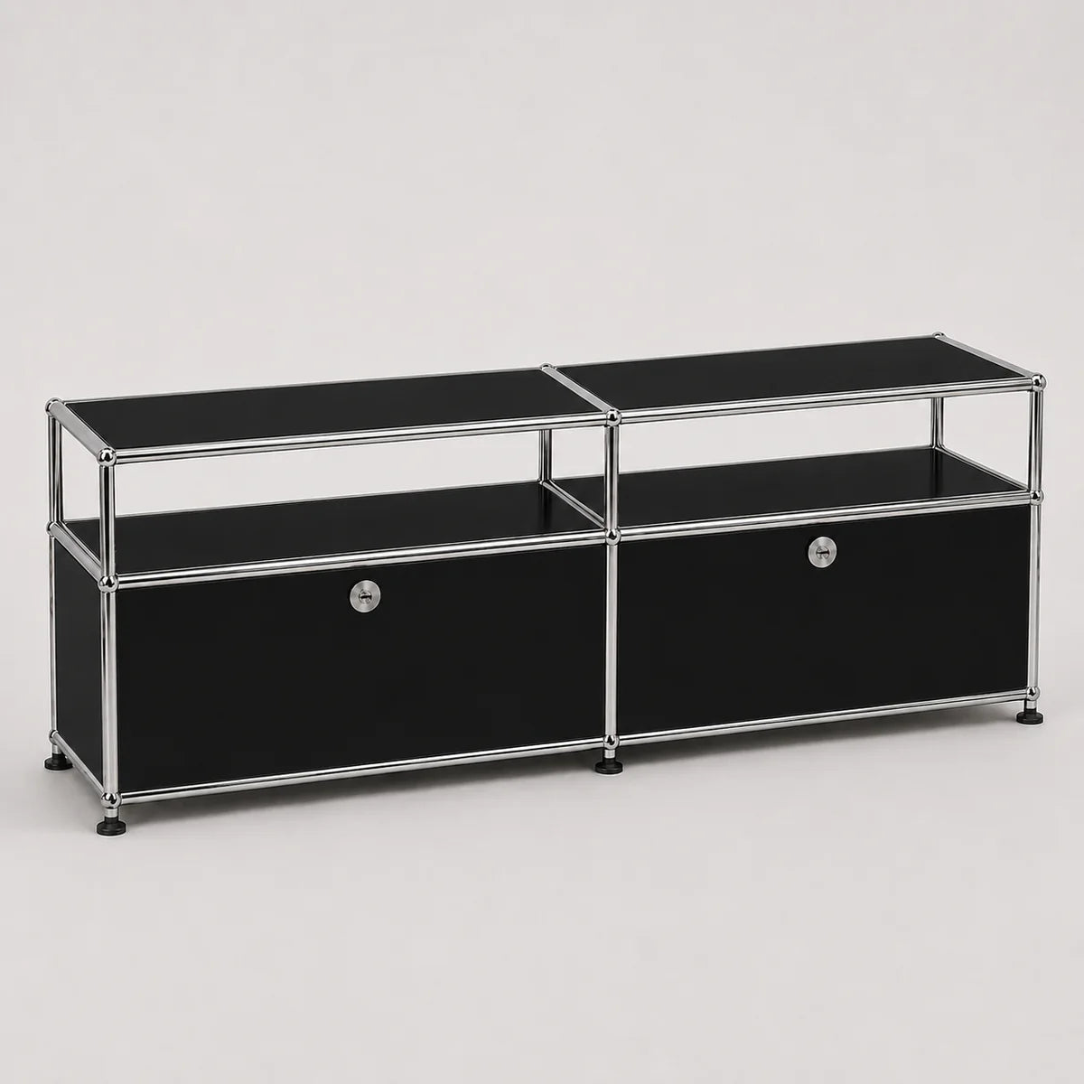 A modern modular two-compartment media console or storage cabinet with black panels and a chrome metal frame, shown on a light gray background.