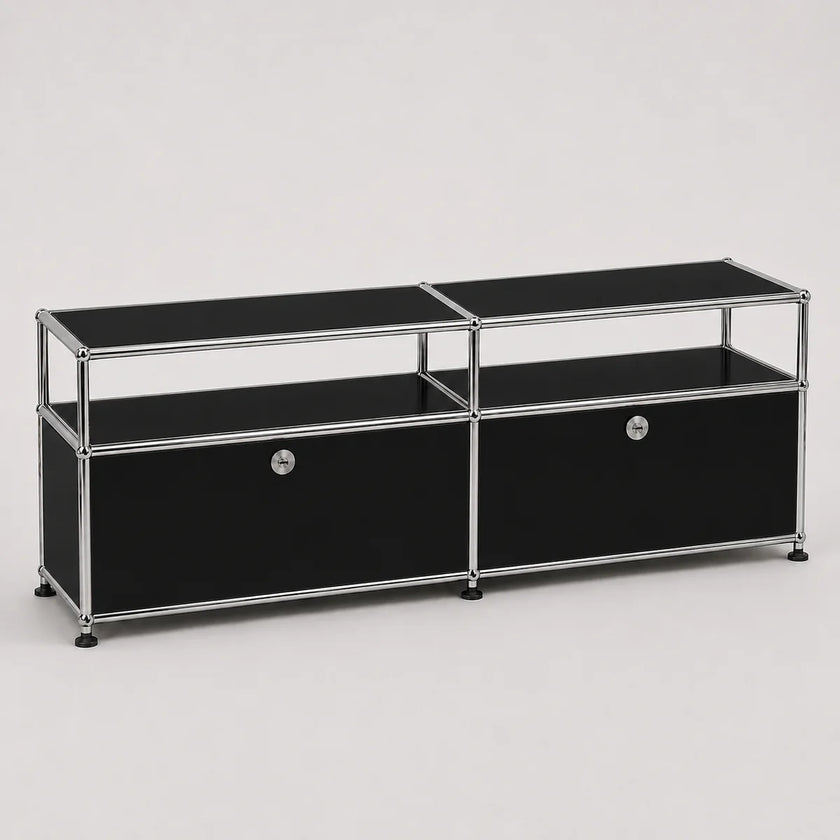 A modern modular two-compartment media console or storage cabinet with black panels and a chrome metal frame, shown on a light gray background.