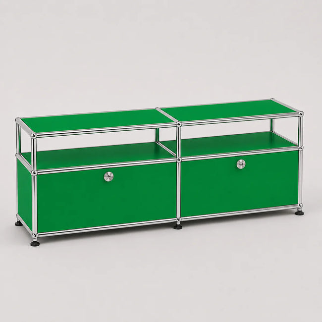 A modern modular two-compartment media console or sideboard with bright green panels and a chrome metal frame, shown on a light gray studio background.