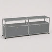 Gray modular metal storage unit with shelves on a white background