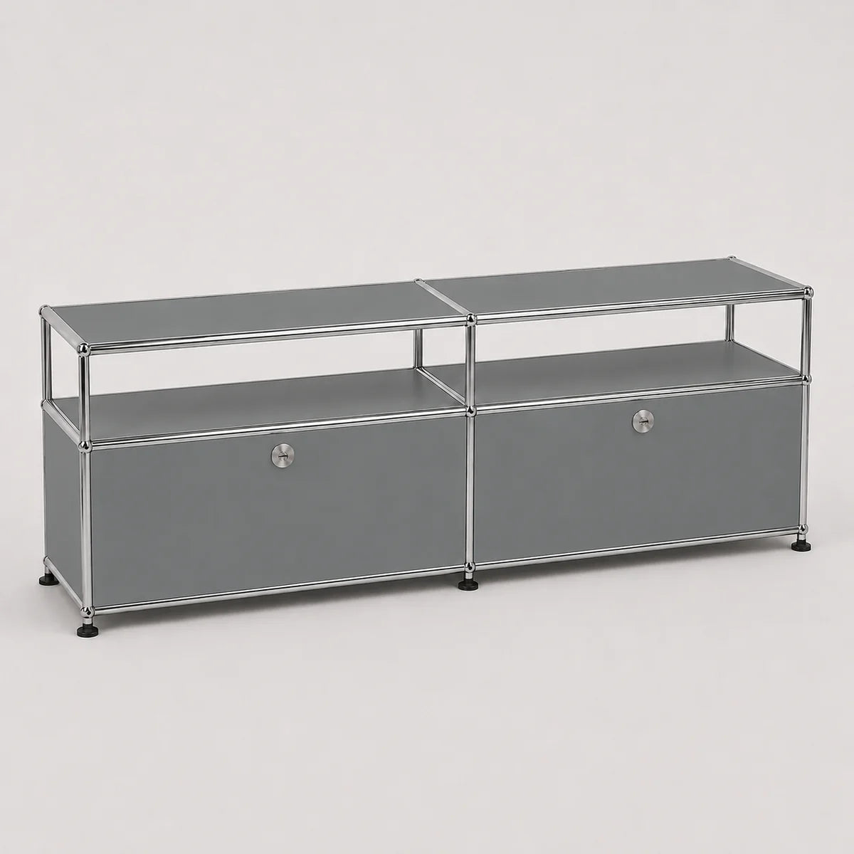 Gray modular metal storage unit with shelves on a white background