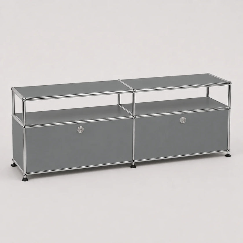 Gray modular metal storage unit with shelves on a white background