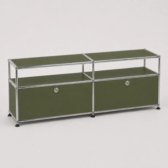 Olive green modular metal storage cabinet on a white background