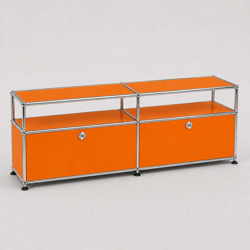 An orange modular storage cabinet with a chrome metal frame and two small round silver knobs, shown on a light gray background.