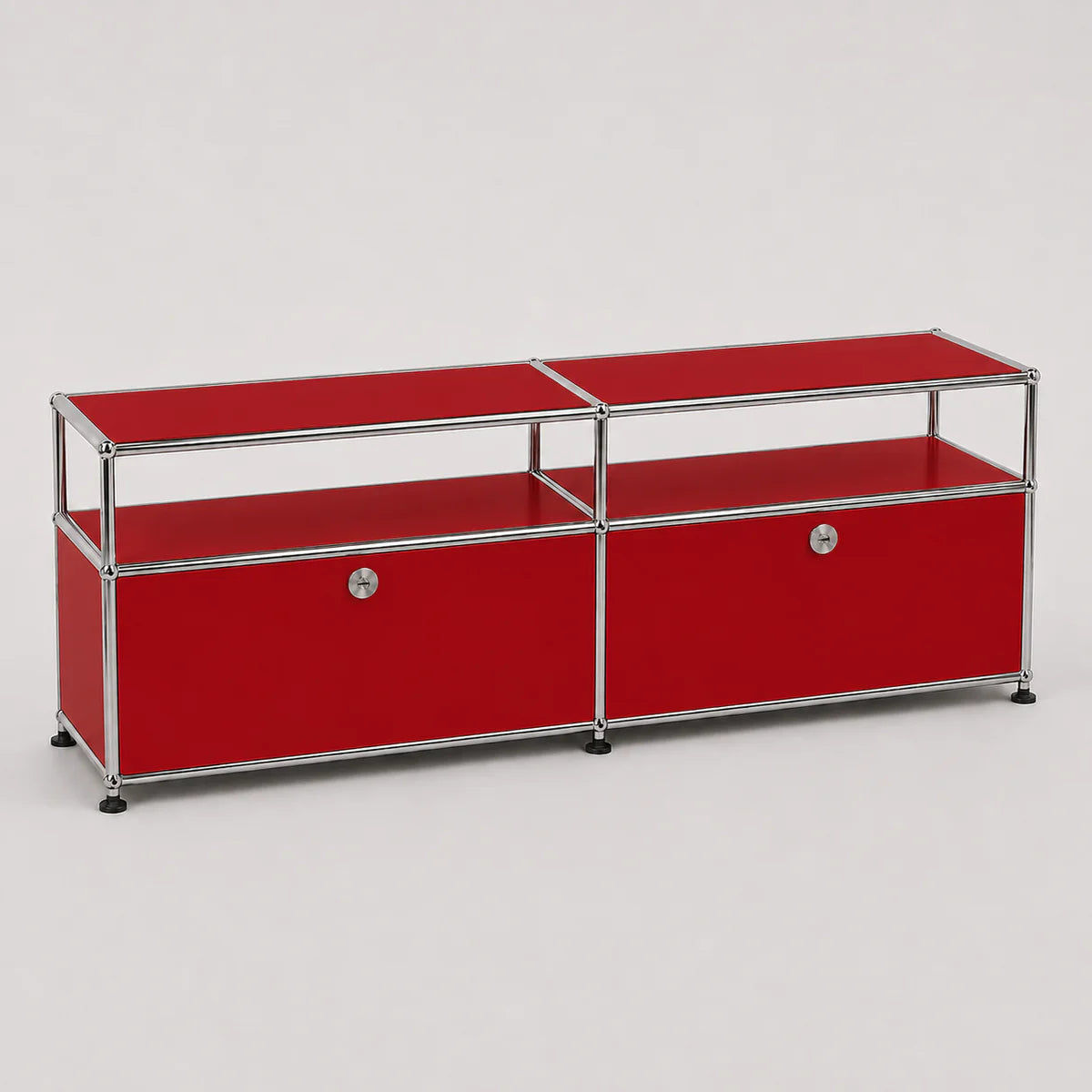 A modern two-segment media console or storage cabinet with a vibrant red finish and a chrome tubular metal frame, featuring two circular silver knobs on the lower doors.