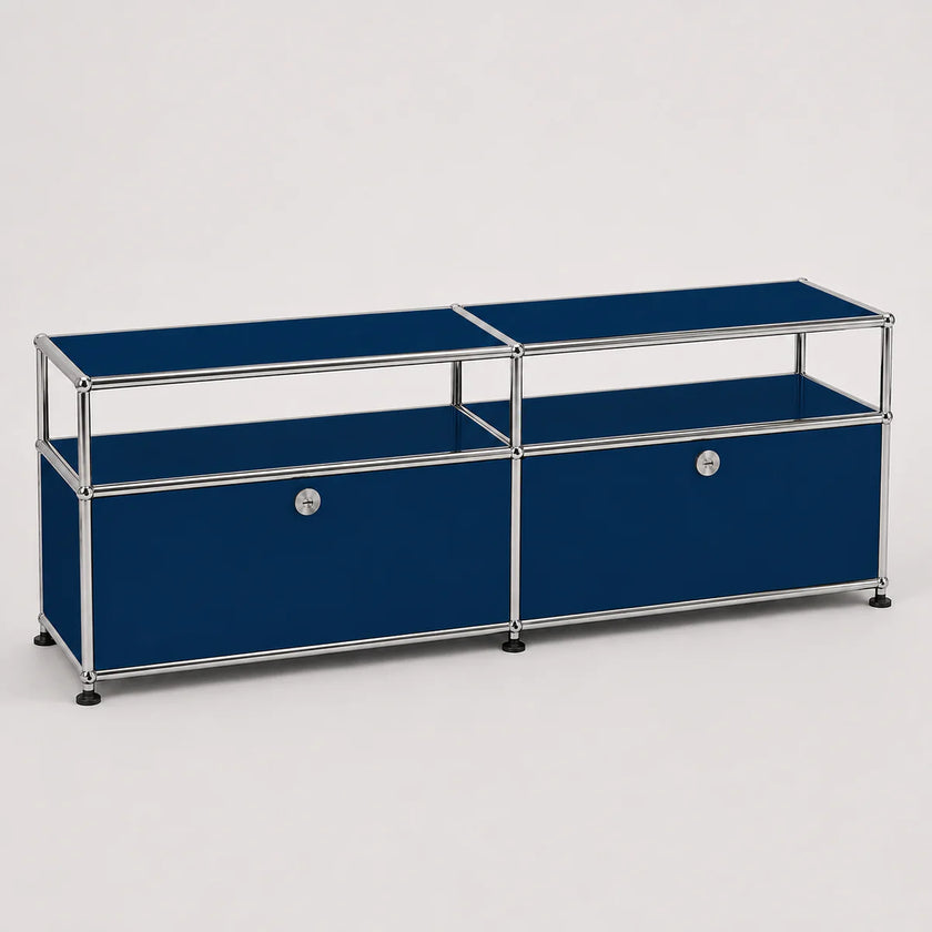 A modern modular storage cabinet with a chrome metal frame, dark blue fabric panels, and two small feet on the bottom, shown on a light gray background.