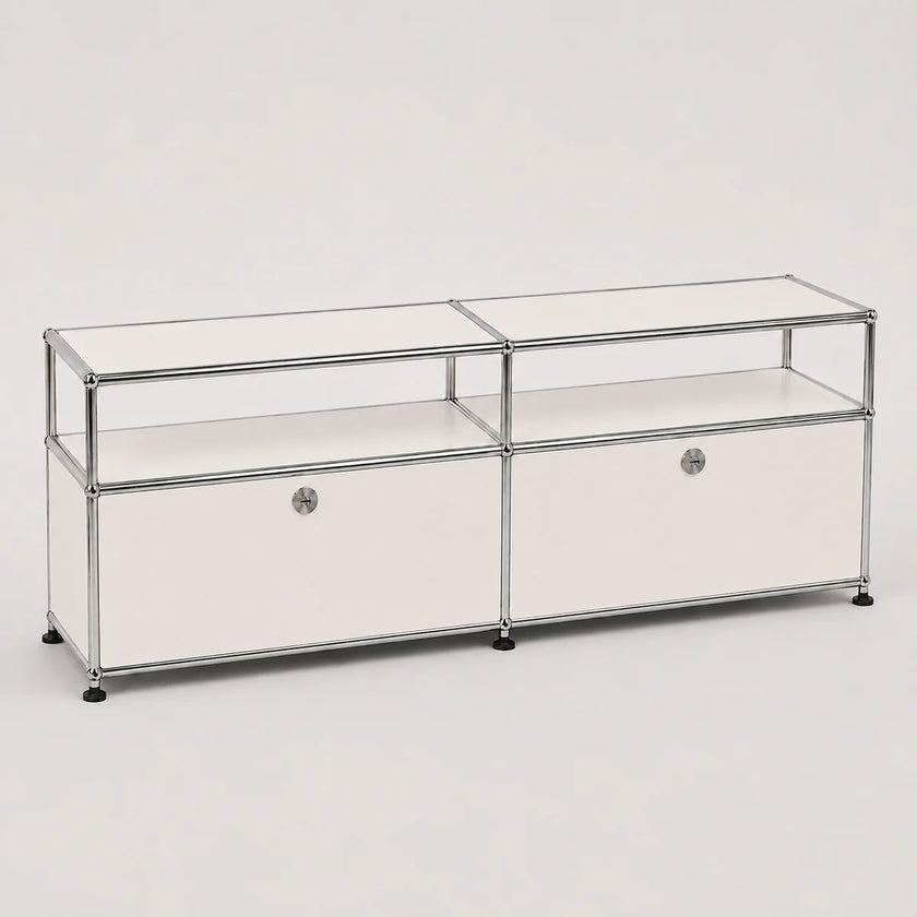 A modern modular storage cabinet with a chrome metal frame, clear glass shelves, and white drawer fronts with round silver knobs, set against a plain light gray background.