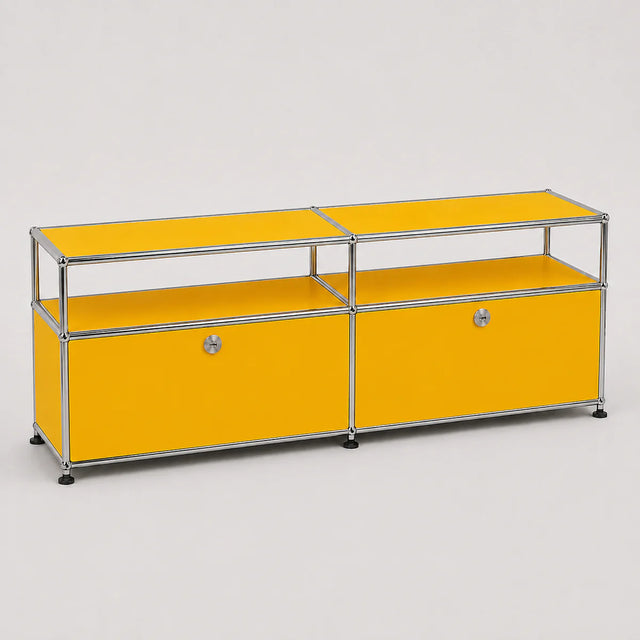 A modern modular storage cabinet with a bright yellow finish and a chrome metal frame, featuring two lower doors with round silver handles and two open upper shelves.