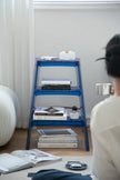 Lady sitting on a couch looking at a blue step ladder display shelf with books and a box on it.