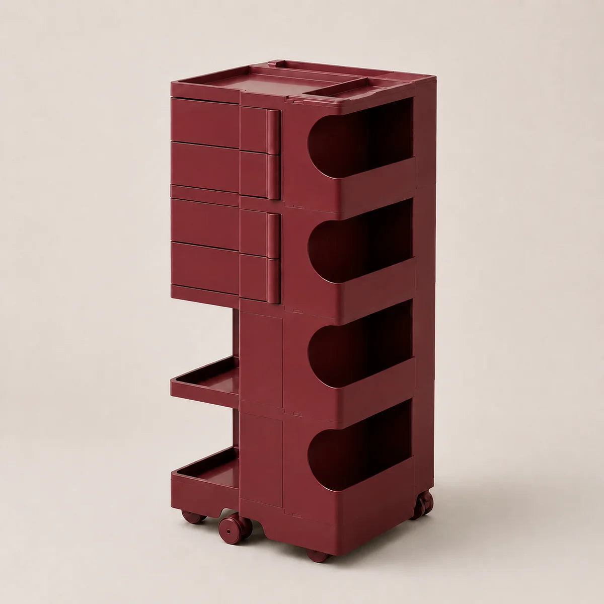A dark red rolling storage cart with five drawers, four open shelves, and wheels, shown on a neutral beige background.