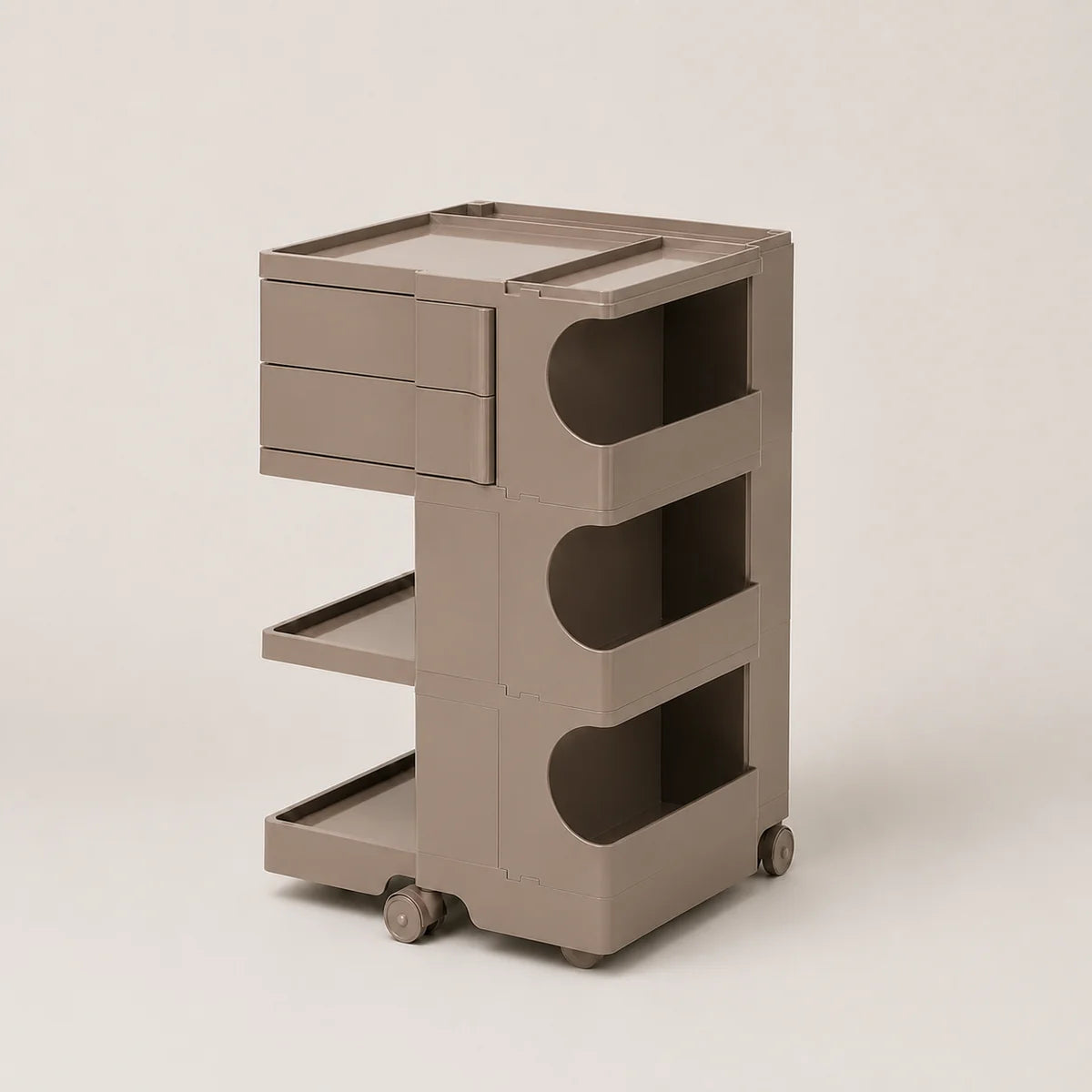 A modern, minimalist rolling storage cart in a warm brown color, featuring two drawers on the left, two open shelves, and three large circular cutout panels on the side, set against a clean, light beige background.