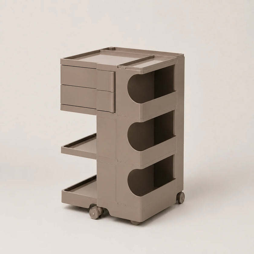 A modern, minimalist rolling storage cart in a warm brown color, featuring two drawers on the left, two open shelves, and three large circular cutout panels on the side, set against a clean, light beige background.