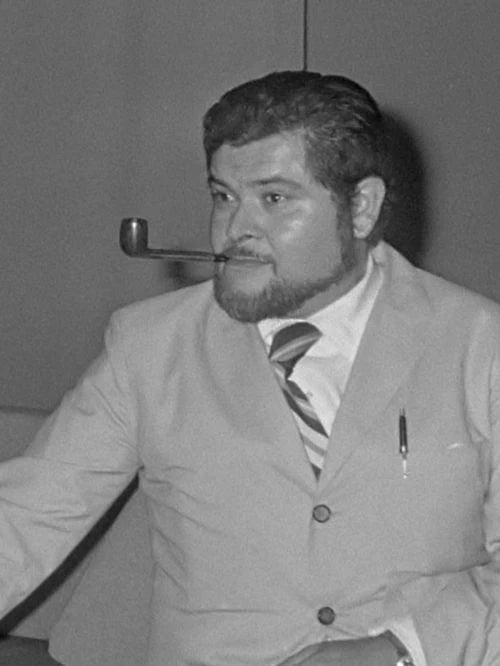 Man with a pipe wearing a suit and tie in a formal setting