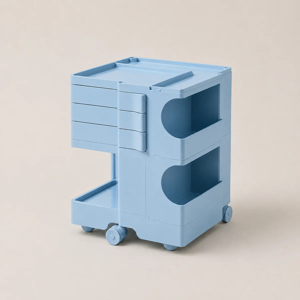 A light blue ABS plastic rolling storage cart with three drawers on the left, two open shelves with curved cutouts on the right, and small caster wheels at the base, shown on a plain beige background.