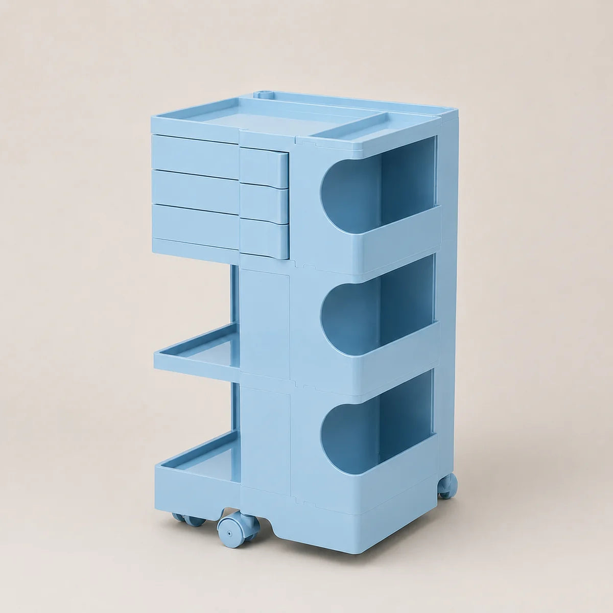 A light blue ABS rolling storage cart with multiple drawers, open shelves, and wheels, shown on a plain beige background.
