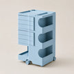 A light blue ABS rolling storage cart with multiple drawers and open shelves, shown on a plain beige background.