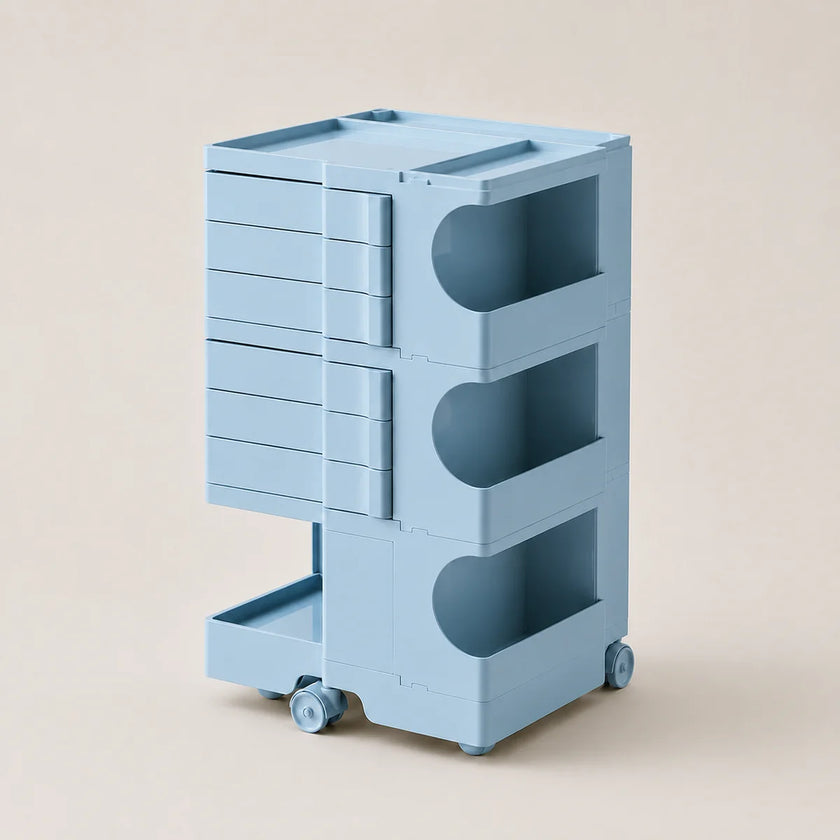 A light blue ABS rolling storage cart with multiple drawers and open shelves, shown on a plain beige background.