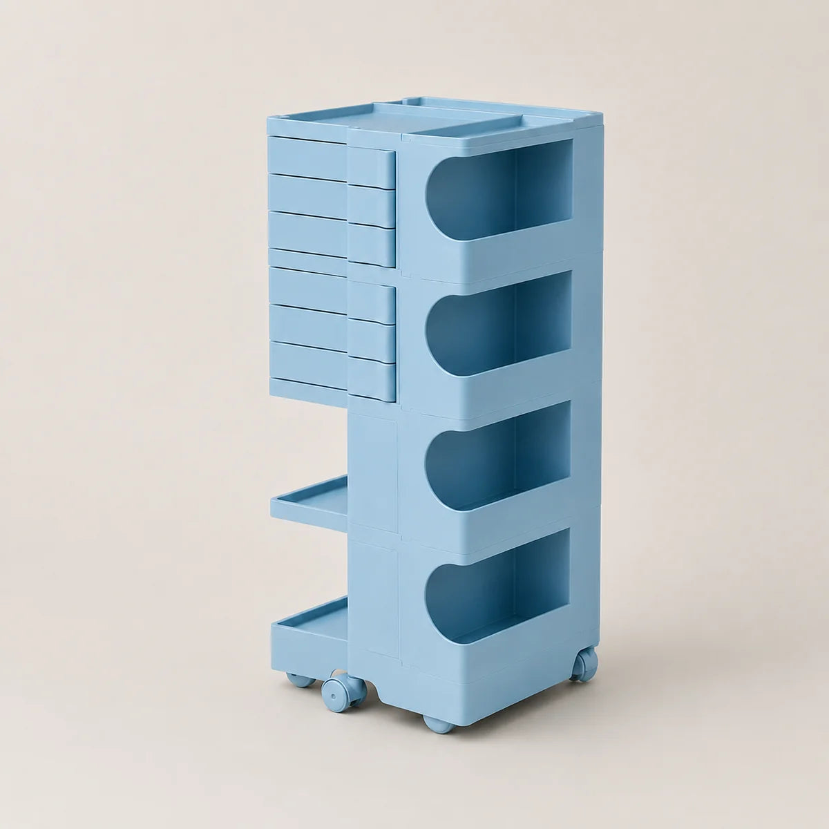 A light blue storage cart with multiple drawers, open shelves, and wheels, shown on a plain beige background.