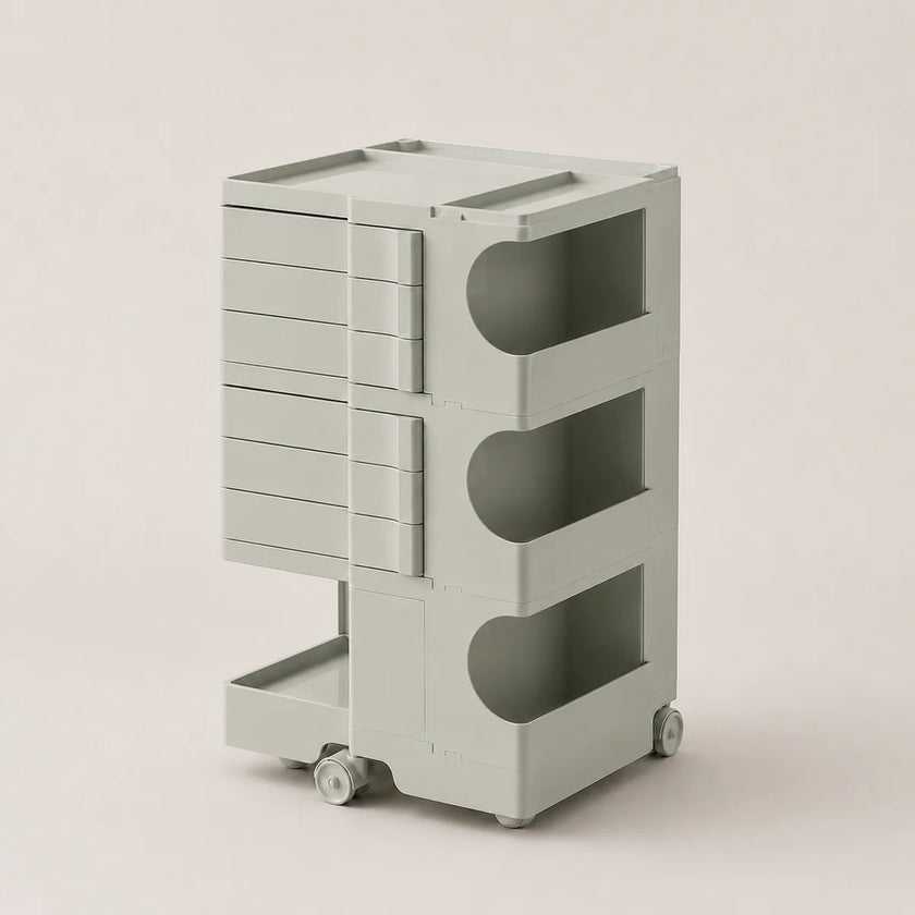 A light sage green ABS rolling storage cart with multiple drawers and open shelves, shown on a plain light beige background.