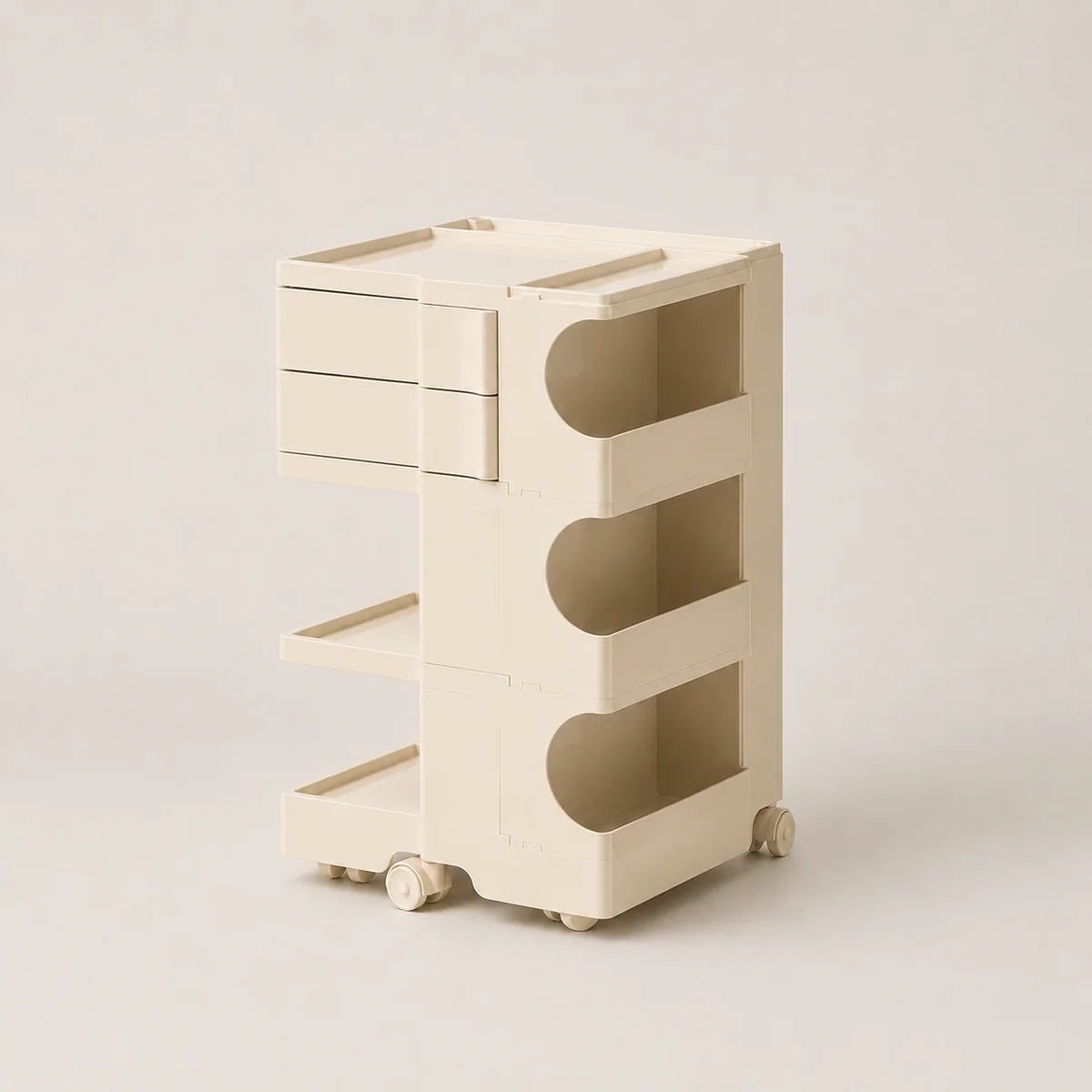 A cream-colored ABS plastic storage cart with two drawers, three open shelves, and small caster wheels, shown on a neutral light beige background.