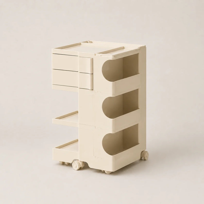 A cream-colored ABS plastic storage cart with two drawers, three open shelves, and small caster wheels, shown on a neutral light beige background.
