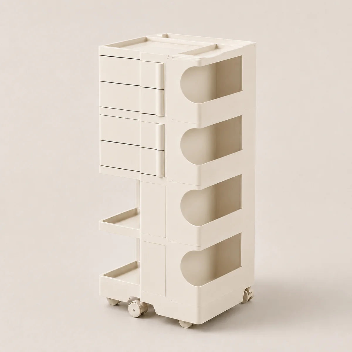 An off-white plastic rolling storage organizer with four drawers on the left, four open shelves on the right, and small caster wheels at the base, shown against a solid light beige background.