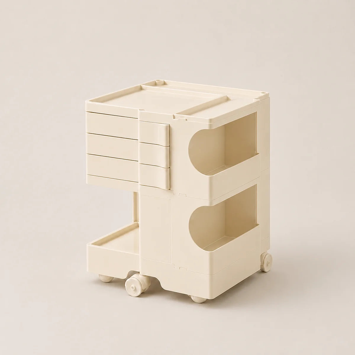A minimalist, off white ABS plastic rolling storage organizer with three tiers, shown on a solid light beige background.