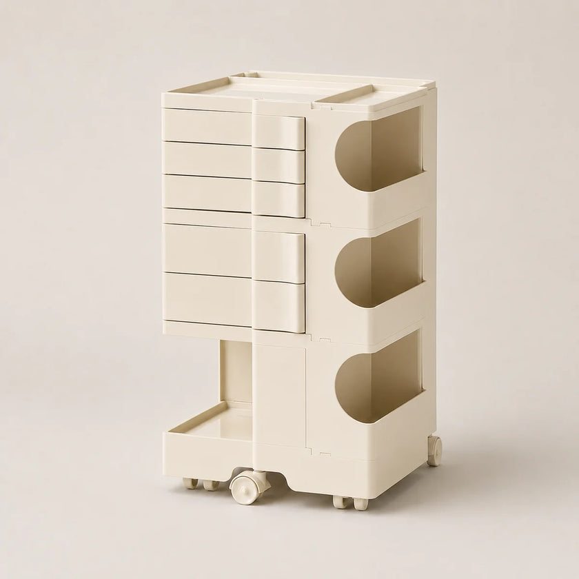 An off-white ABS rolling organizer with multiple drawers, open shelves, and a lower pull-out tray, shown on a neutral beige background.