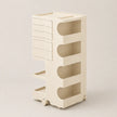 An off-white plastic rolling organizer cart with five drawers on the left, four open shelves with curved cutouts on the right, and small caster wheels at the base, shown on a neutral light beige background.