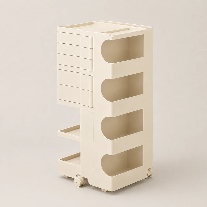 An off-white plastic rolling organizer cart with five drawers on the left, four open shelves with curved cutouts on the right, and small caster wheels at the base, shown on a neutral light beige background.