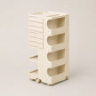 An off-white plastic rolling organizer cart with six drawers on the left, four open storage compartments with arched cutouts, and caster wheels at the base, shown on a neutral light beige background.