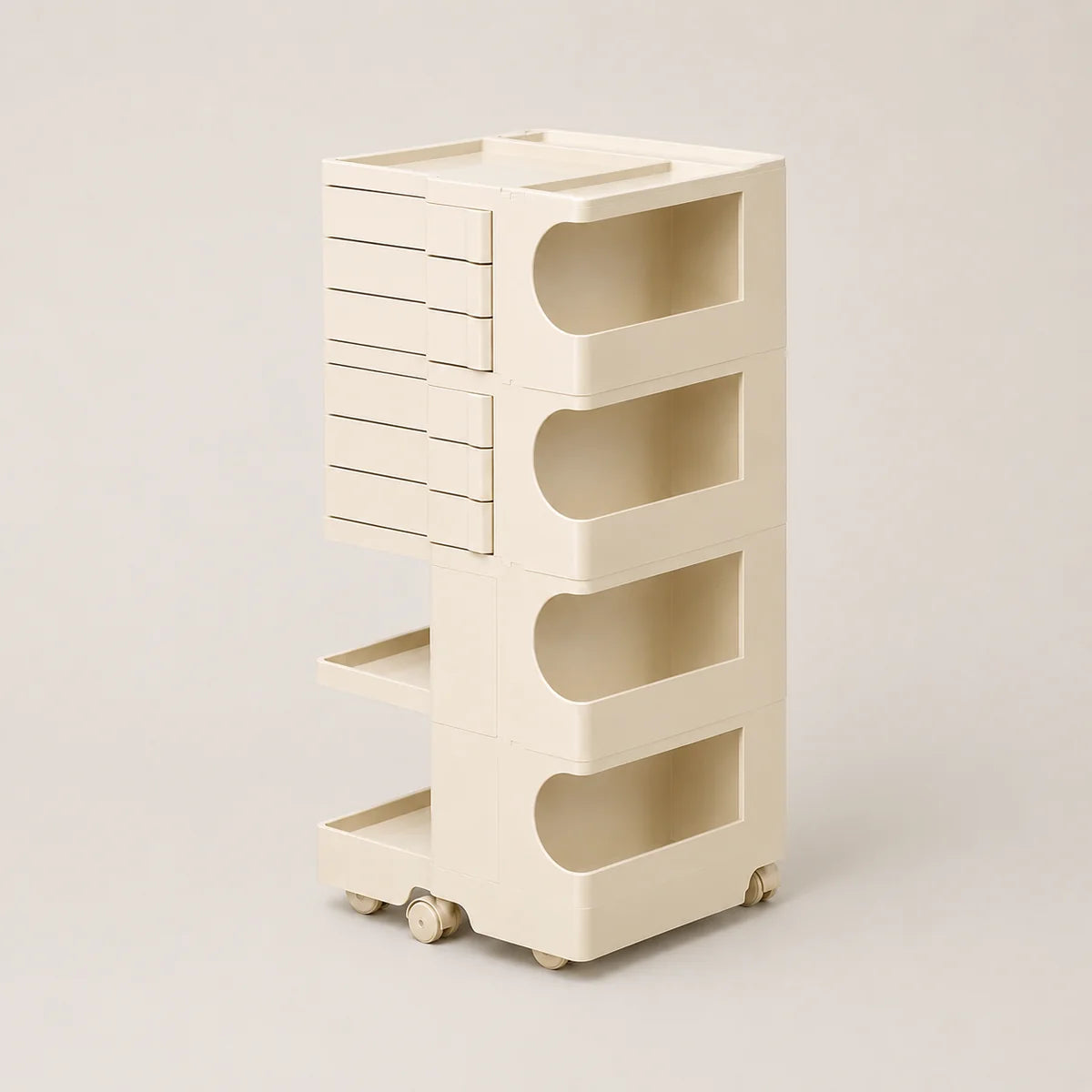 An off-white plastic rolling organizer cart with six drawers on the left, four open storage compartments with arched cutouts, and caster wheels at the base, shown on a neutral light beige background.